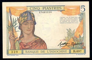 FRENCH INDOCHINA 5 PIASTRE 1936-1939 P.55a - Picture 1 of 2