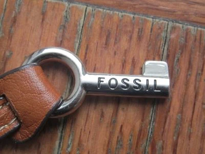 Fossil Replacement Shiny Bright Silver tone Key Fobs Purse Charm Tan Leather - Image 1 of 4