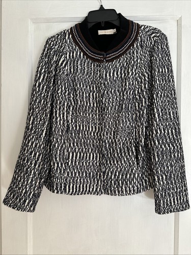 Giacca blazer donna Tory Burch blu navy e bianco taglia 10 boucle zip e bottoni davanti