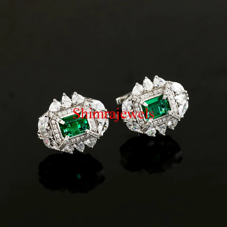 Pedra preciosa esmeralda cultivada em laboratório com abotoaduras de prata folheadas a ouro branco #1059 - Imagem 1 de 4