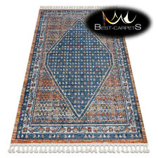 Amazing Modern Rug "BELLE" frame ornament fringe navy / beige High Quality