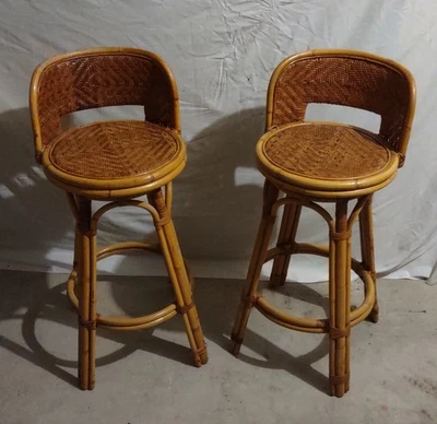 Vintage Rattan Swivel Barstools Bamboo Tiki 🍹 Wicker Excellent Pair - Image 1 of 4