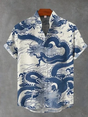 Мужская льняная рубашка с короткими рукавами ретро животное тигр принт улица - Изображение 1 из 4