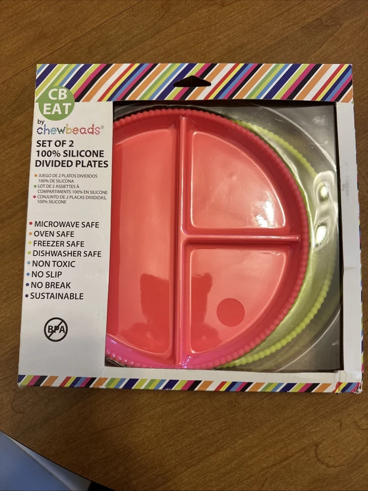 CB Eat by Chewbeads Juego de 2 Platos Divididos 100% Silicona Rosa Verde Libre de BPA Nuevo Foto 1 de 4