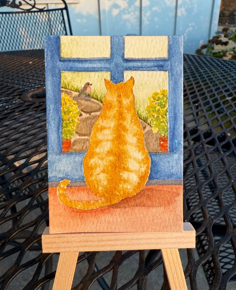 ACEO Original Watercolor Orange Tabby Cat Bird Waiting Game  Brand New! Signed! - Image 1 of 1