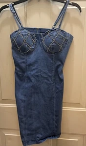 Size Medium HAUTE MONDE Denim Blue Mini Dress Rhinestone Outlined Padded Club - Picture 1 of 11