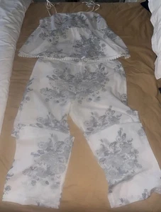F&F LADIES SUMMER COTTON PJS CAMI TOP & LONG TROUSERS BOTTOMS Size 12-14 White - Picture 1 of 8