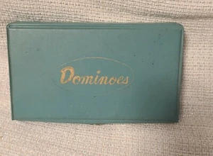 Vintage Dominos Set 28 Tile Pieces Green Carrying Case  - Picture 1 of 5