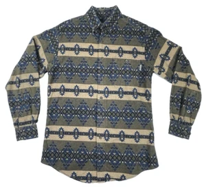 Woolrich Flannel Shirt Mens Olive Blue Navajo Aztec Southwestern Size Medium - Picture 1 of 7