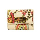 Roberto Cavalli Freedom Floral Canvas White Leather Cards Coins Wallet, New