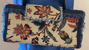Faith Knight Glittery Elegance Red Blue Flowers & Fringe Handbag Purse Clutch - Picture 1 of 7