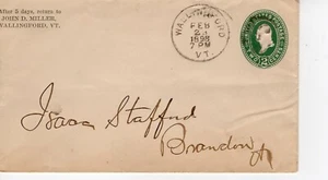 WALLINGFORD, VT  TO BRANDON, VT  1898   FDC8884 - Picture 1 of 2