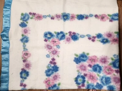 Vintage BEACON Blanket Pink Purple & Blue Flowers Acrylic Satin Edge Floral MCM - Image 1 of 4