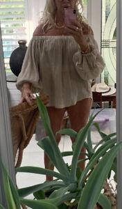 One X One teaspoon Off Shoulder Top Blouse Natural Beige Puff Sleeve 