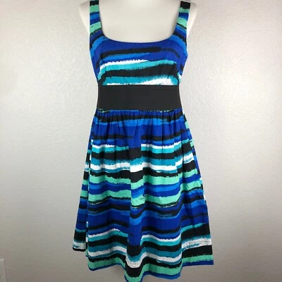 Vestido regata inteligente B império cintura traseira zíper azul-petróleo listra preta aquática tamanho 12 - Imagem 1 de 4