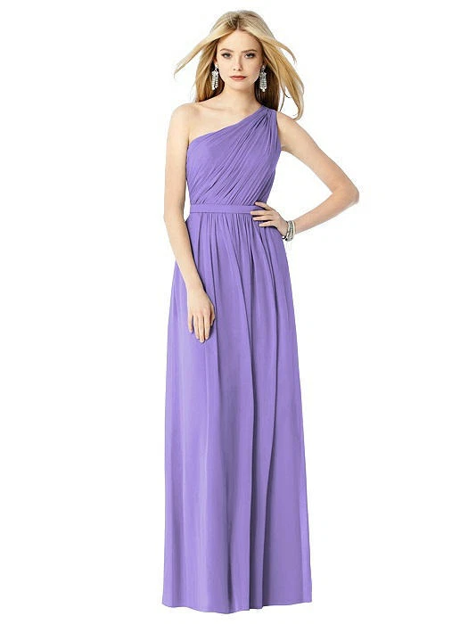 Vestido After Six de un hombro de gasa con cinturón lavanda graduación damas de honor talla 12 Foto 1 de 4