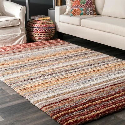 nuLOOM Modern Hand Made Striped Shag Area Rug in Red, Blue, Orange Multi
