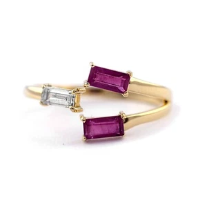 Three Stone Natural Ruby Diamond Ring Solid 18K Yellow Gold Open Cuff Ring. - Picture 1 of 13