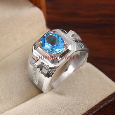 Natural Blue Topaz Gemstone with 925 Sterling Silver Ring for Men's #347 - Image 1 of 3