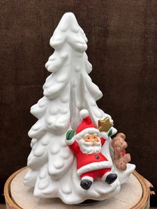 Mann Keramik verschneite Weihnachtsbaum Spieluhr Here Come Weihnachtsmann Vintage 1982 Japan - Bild 1 von 13