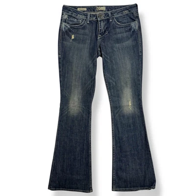 Pantalones de mezclilla acampanados Y2K William Rast Belle talla 28 desgastados bordados con solapa bolsillos Foto 1 de 4