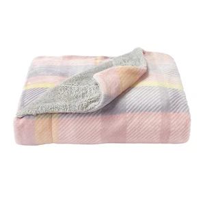 XL Long Sherpa Fleece Super Soft Fuzzy Throw Blanket Plaid Peach Grays 60 x 70 - Picture 1 of 5