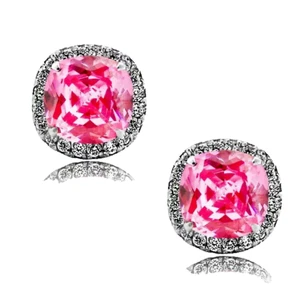 14k White Gold Cushion CZ Halo October Pink Tourmaline Push Back Stud Earrings - Picture 1 of 1