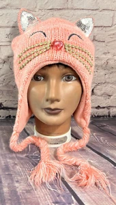 Girls Pink Cat Bedazzled Winter Ear Covered Knitted Beanie - Picture 1 of 6