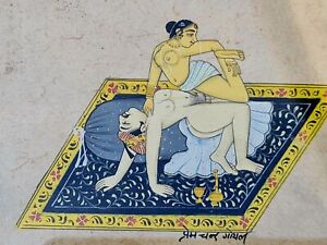 Antique Miniature Indian Erotic Watercolour of lovers signed. 