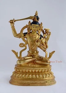 Estatua de 9,75" Manjushri tallada a mano cobre dorado acabado antiguo Patan Nepal - Imagen 1 de 4