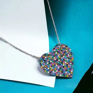 Collana unisex catena ciondolo cuore grande zirconi muticolori argento sterling 925 regalo - Foto 1 di 5