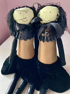2009 Wood & Poof Halloween Dolls Twins 22” Black Lace Velvet Skirts Morticia? - Picture 1 of 10