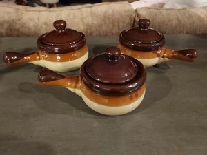 Set Of 3 Ceramic Soup Bowls 15 Oz, Crocks With handle & Lids White/Brown - Picture 1 of 3