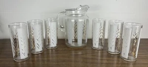 Vintage Mid Century Stained Glass Tumblers Pitcher 6 Drinking Glasses MCM Gold - Picture 1 of 8