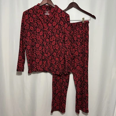 Cabernet Petites女式睡衣套装红色黑色花卉长袖PM码裤子 — 第 1/4 张图片