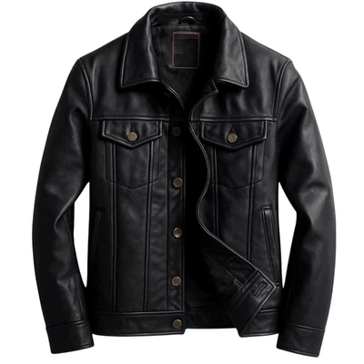 Men's Black Leather Jacket Real Cowhide Biker Trucker Style Slim Fit Coat Gift - Image 1 of 3