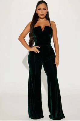 Velvet Wide Leg Sleeveless Jumpsuit Size Small Evening Holiday Emerald Party - Image 1 of 4