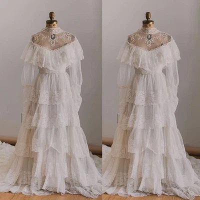 Vintage White Lace Wedding Gown Tiered A Line Bridal Gowns Long Sleeves - Image 1 of 4