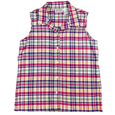 Camiseta Jaclyn Smith esporte xadrez sem mangas botão algodão tamanho 12 Y2K vintage - Imagem 1 de 4