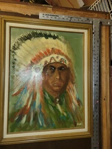 PAINTING oh NATIVE american  CHIEF  BY RACING LEGEND CARL HAAS - Picture 1 of 5