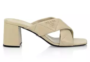 Prada Deserto 65mm Quilted Criss Cross Logo Slide Sandal Block Heel Mule 40.5 - Picture 1 of 17