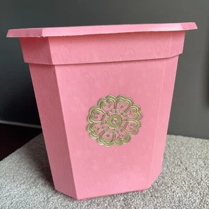 Vintage MCM Barbie Pink Gold Emblem Plastic Trash Can Wastebasket 60s 70s - Picture 1 of 8