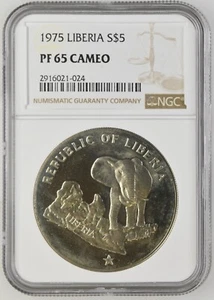 1975 Liberia 5 Dollars Silver Proof Elephant NGC PF65 Cameo - Picture 1 of 2