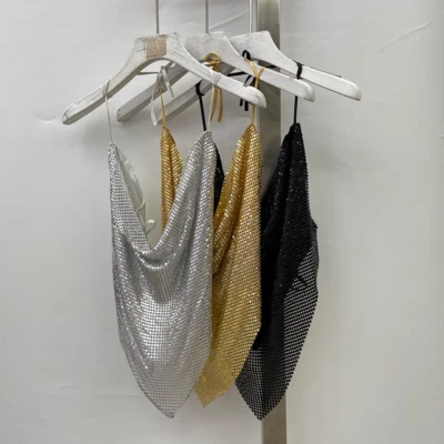 Women Glitter Low Cut Halter Top Shiny Sequin Crop Shirt Sexy Backless Party New - Image 1 of 4