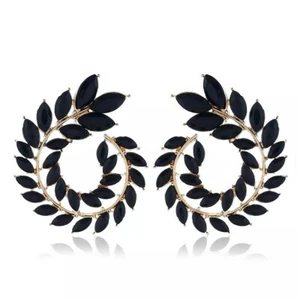 Black & Gold Leaf Geometric Rhinestone Statement Earrings - Big Round Stud - Picture 1 of 1