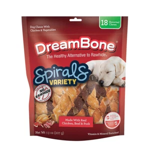 DreamBone Spirals Variety Free Dog Chew Sticks with Real Chicken Beef & Pork 18 - Picture 1 of 6