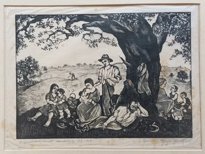 Rastende Bauern - Roger Buck - signierter Holzschnitt Handabzug Auflage 40 1926 - Bild 1 von 4