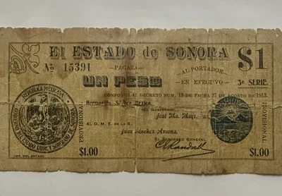 1913 MEXICO El Estado de Sonora Un Peso -Banknote Series 3a 🇲🇽 - Image 1 of 4