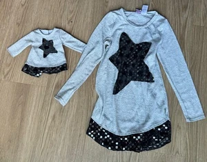 Dollie & Me Gray MatchingShirt With Black Shiny Star Front Girl Size 8 & doll - Picture 1 of 5