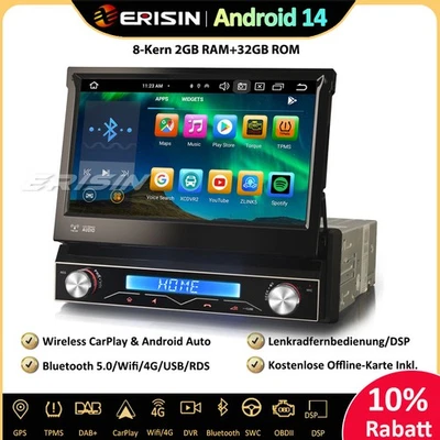 8-Kern 1 Din Android 14 Autoradio GPS Navi CarPlay DAB+ WiFi OBD2 DSP Bluetooth - Bild 1 von 4